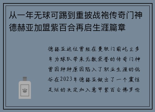 从一年无球可踢到重披战袍传奇门神德赫亚加盟紫百合再启生涯篇章