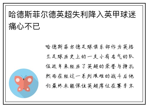 哈德斯菲尔德英超失利降入英甲球迷痛心不已